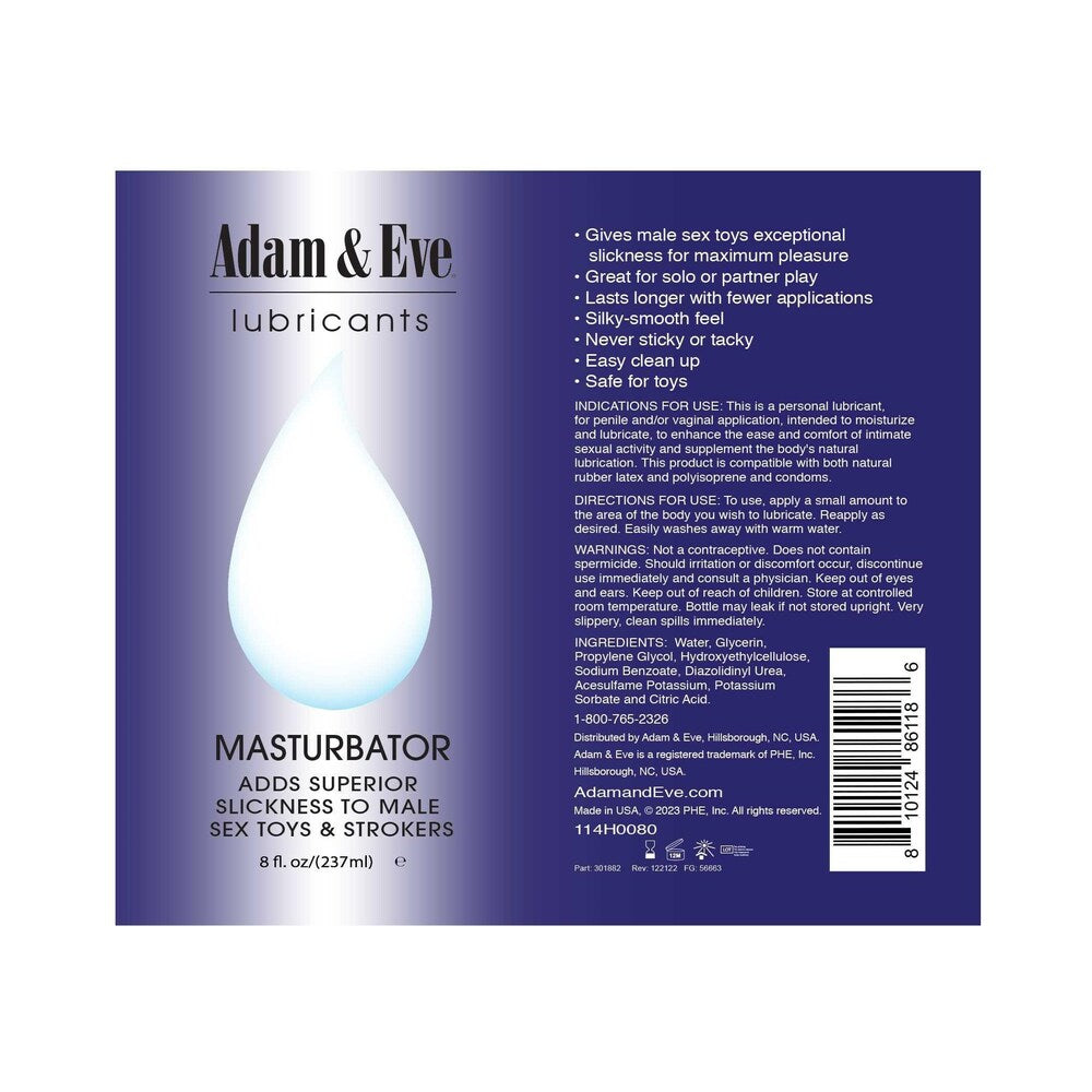 Adam & Eve Masturbator Lubricant 4 Oz label with details on usage and benefits for male sex toys.