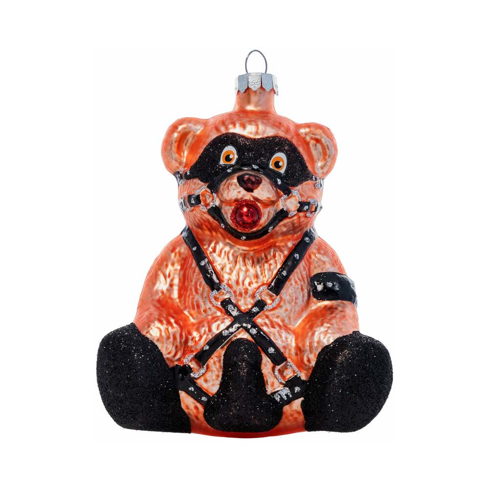 Cheeky Pornament Ready Teddy Glass Christmas Ornament features a mischievous teddy bear with a playful twist.