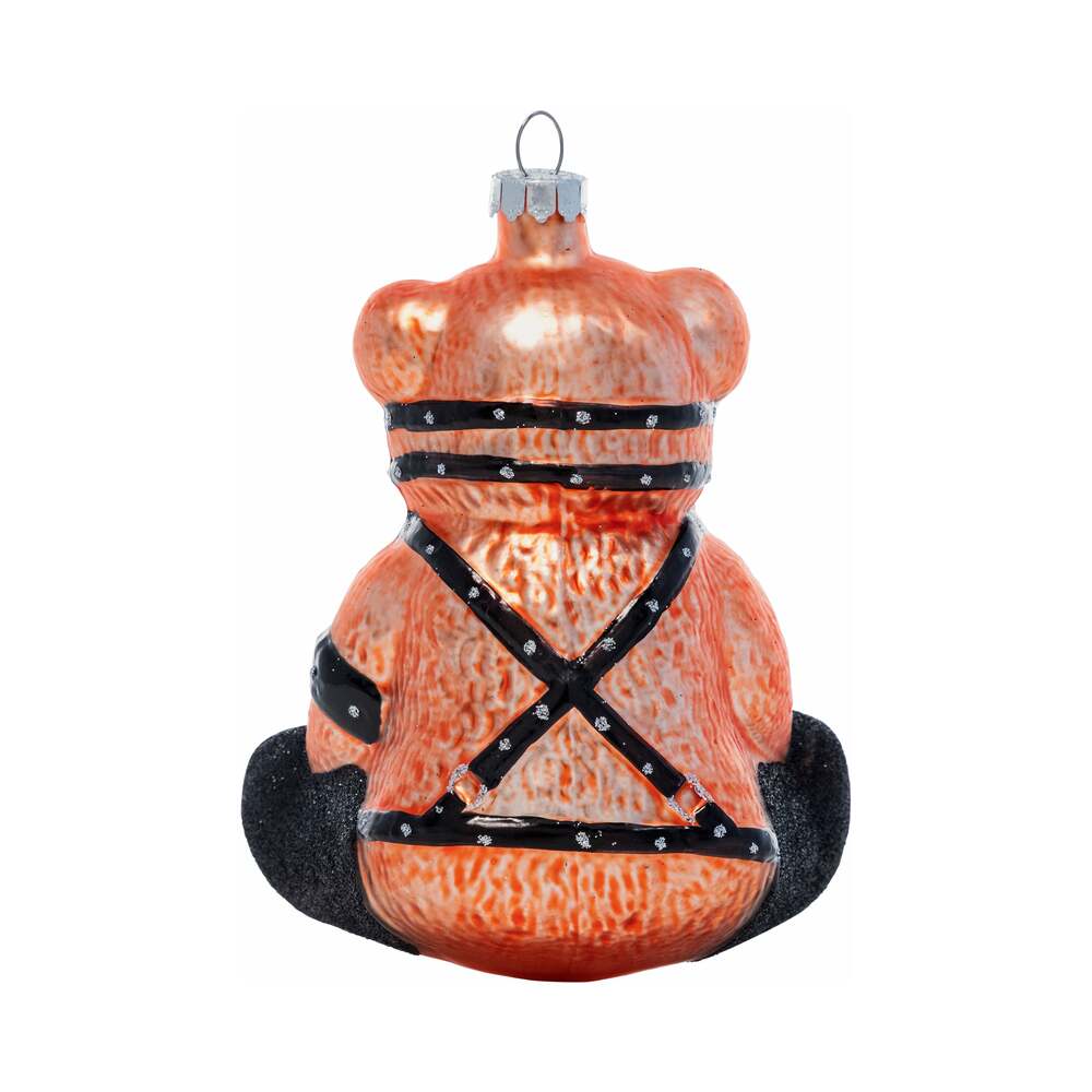 Cheeky Pornament Ready Teddy Glass Christmas Ornament showcases a playful teddy in a mischievous design with a ball gag.