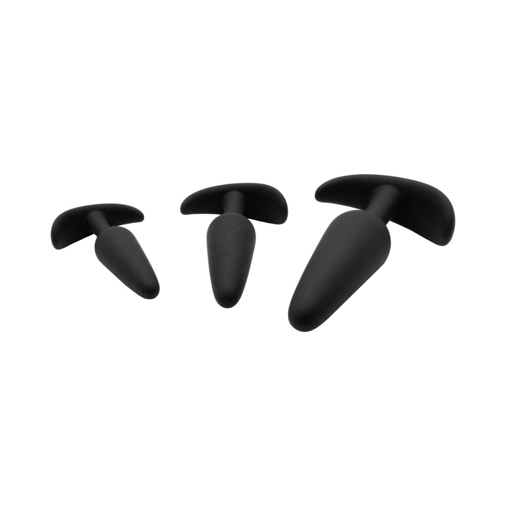 Adam & Eve Naughty Silicone Anal Trainer Kit Black featuring three graduated butt plugs in a sleek black design.