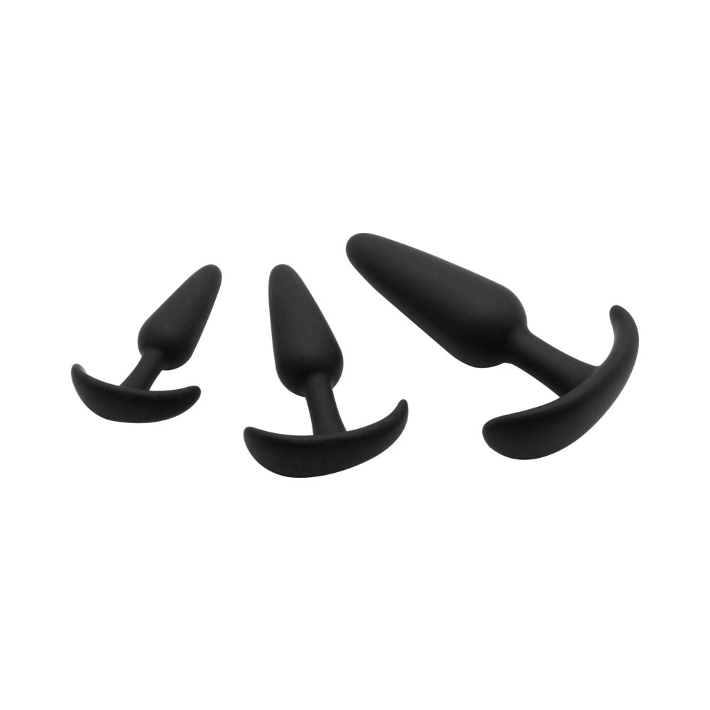 Adam & Eve Naughty Silicone Anal Trainer Kit Black featuring three graduated black silicone butt plugs.