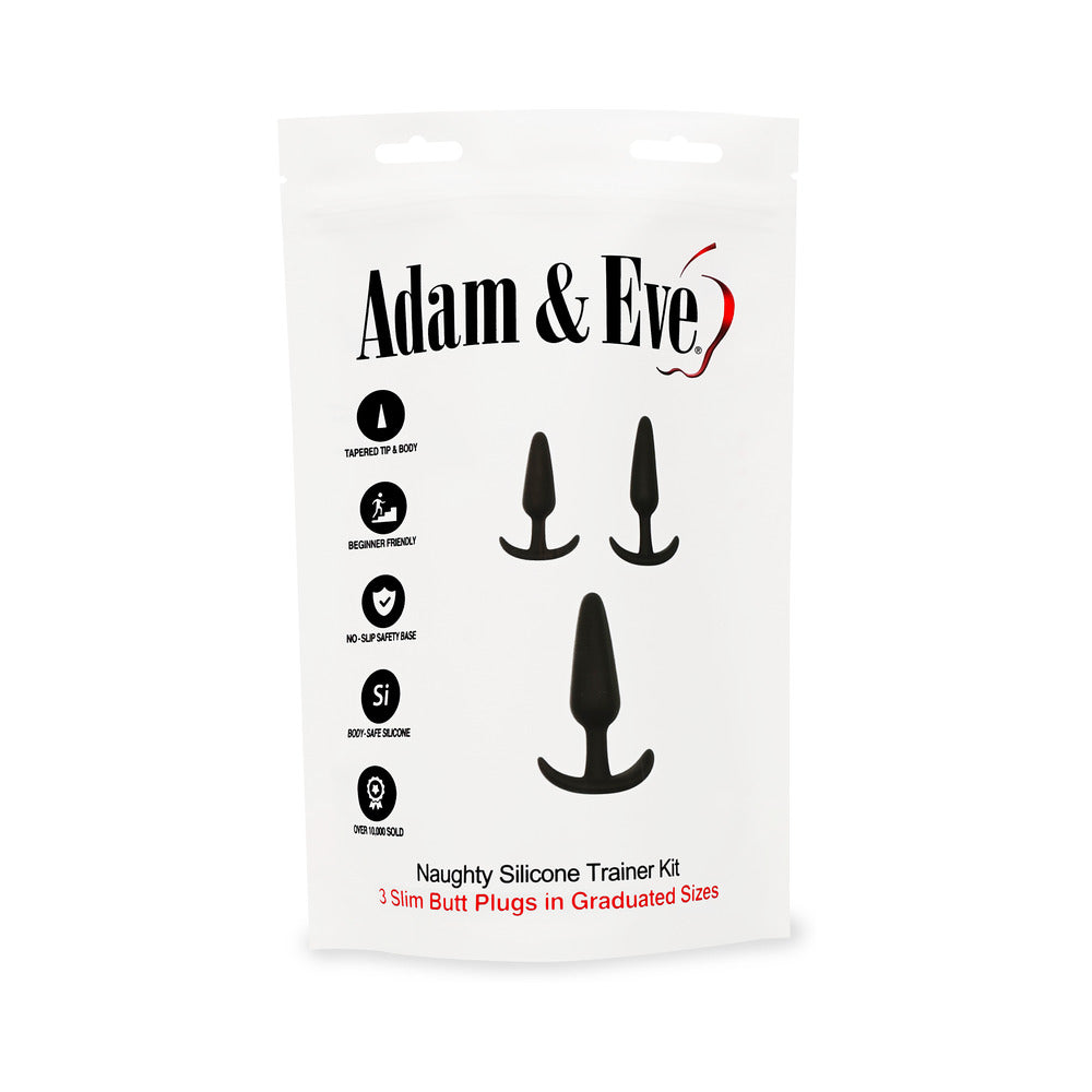 Adam & Eve Naughty Silicone Anal Trainer Kit Black with three graduated butt plugs in sleek packaging.