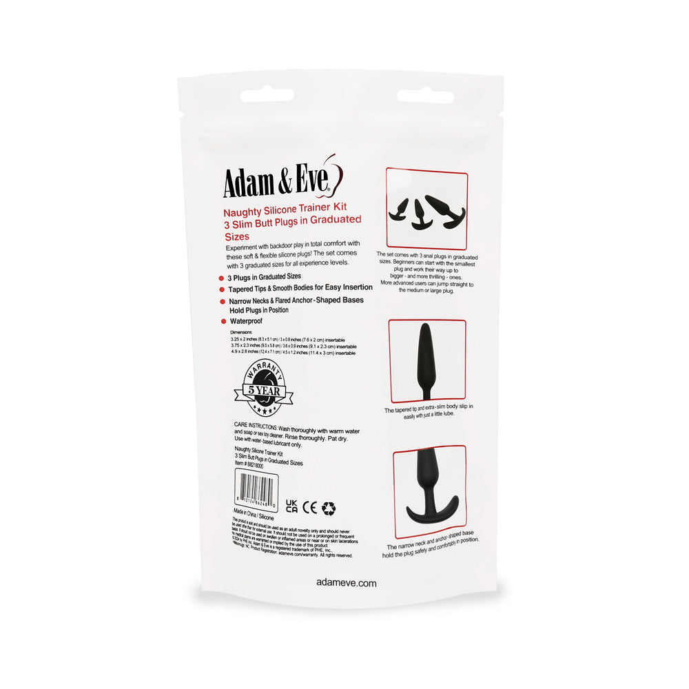 Adam & Eve Naughty Silicone Anal Trainer Kit Black packaging featuring 3 graduated slim butt plugs.