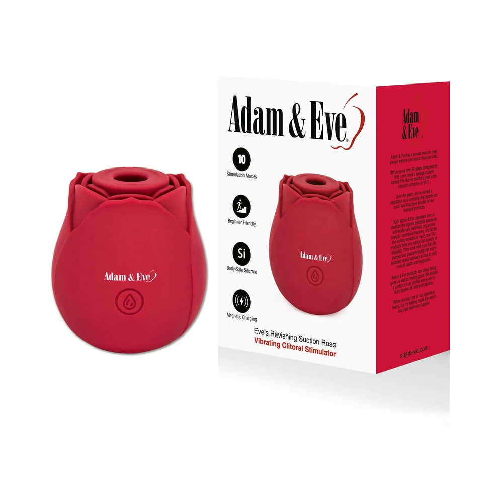 Adam & Eve Eve's Ravishing Suction Rose Clitoral Stimulator in red silicone with packaging and features.