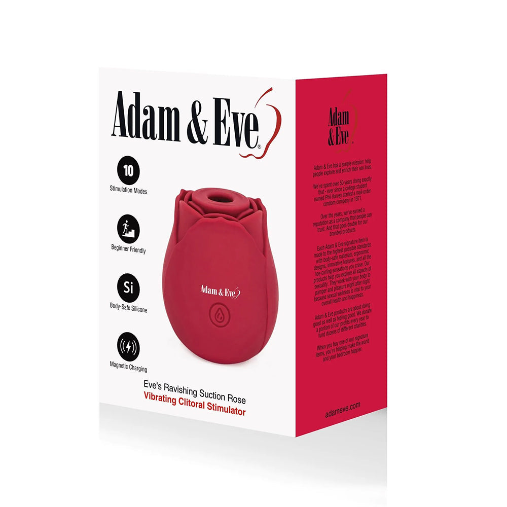 Adam & Eve Eve's Ravishing Suction Rose Clitoral Stimulator packaging showcasing sleek design and features.