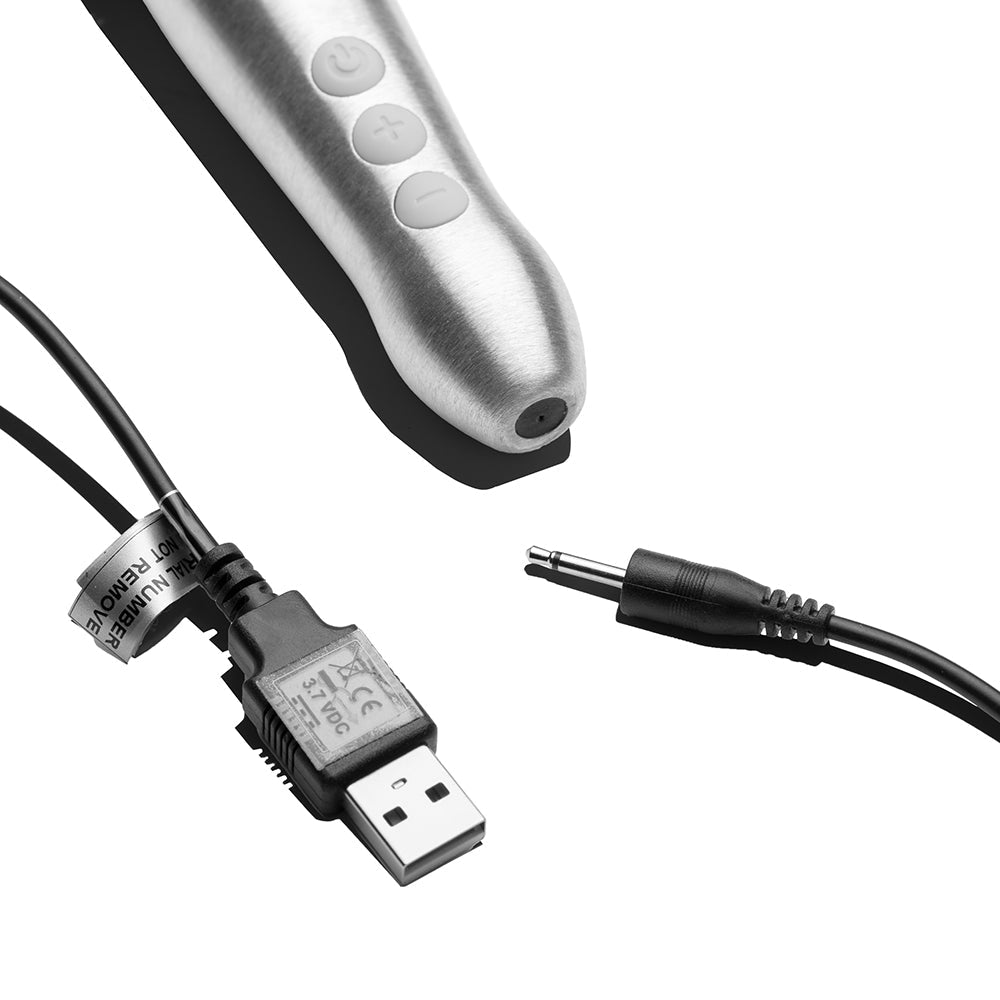 Doxy Go Travel-sized Wand Massager Silver with USB charging cable and power connector details.
