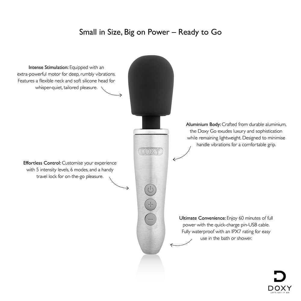 Doxy Go Travel-sized Wand Massager Silver features intense stimulation and effortless control for on-the-go pleasure.