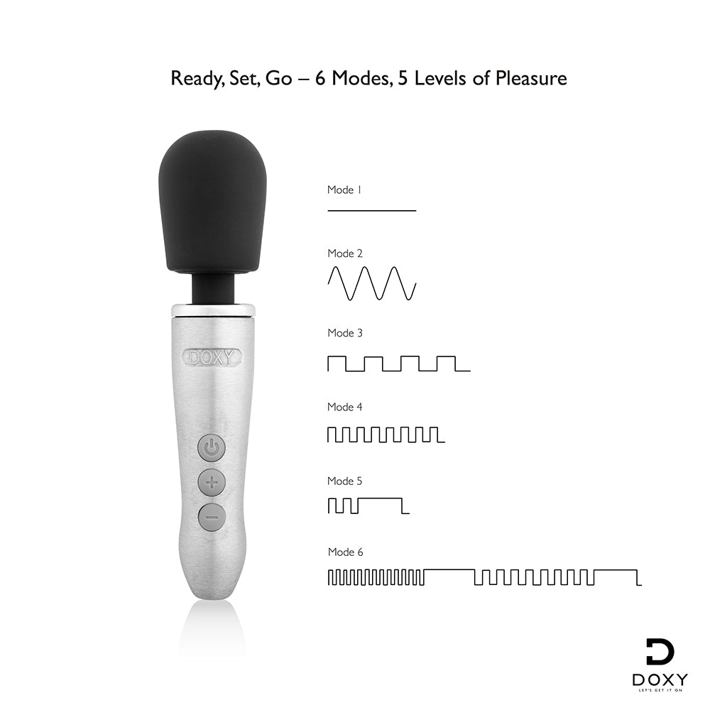 Doxy Go Travel-sized Wand Massager Silver with 6 modes and 5 levels of pleasure for ultimate relaxation.
