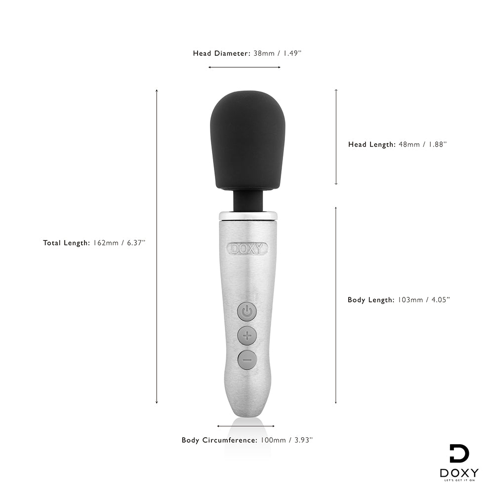 Doxy Go Travel-sized Wand Massager Silver dimensions with measurements for head diameter, length, body length, and circumference.