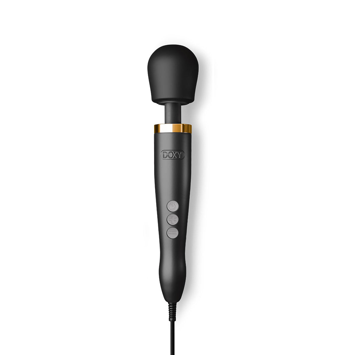 Doxy Die Cast Wand Matte Black & 24k Gold features a sleek design with a matte black body and 24k gold collar.