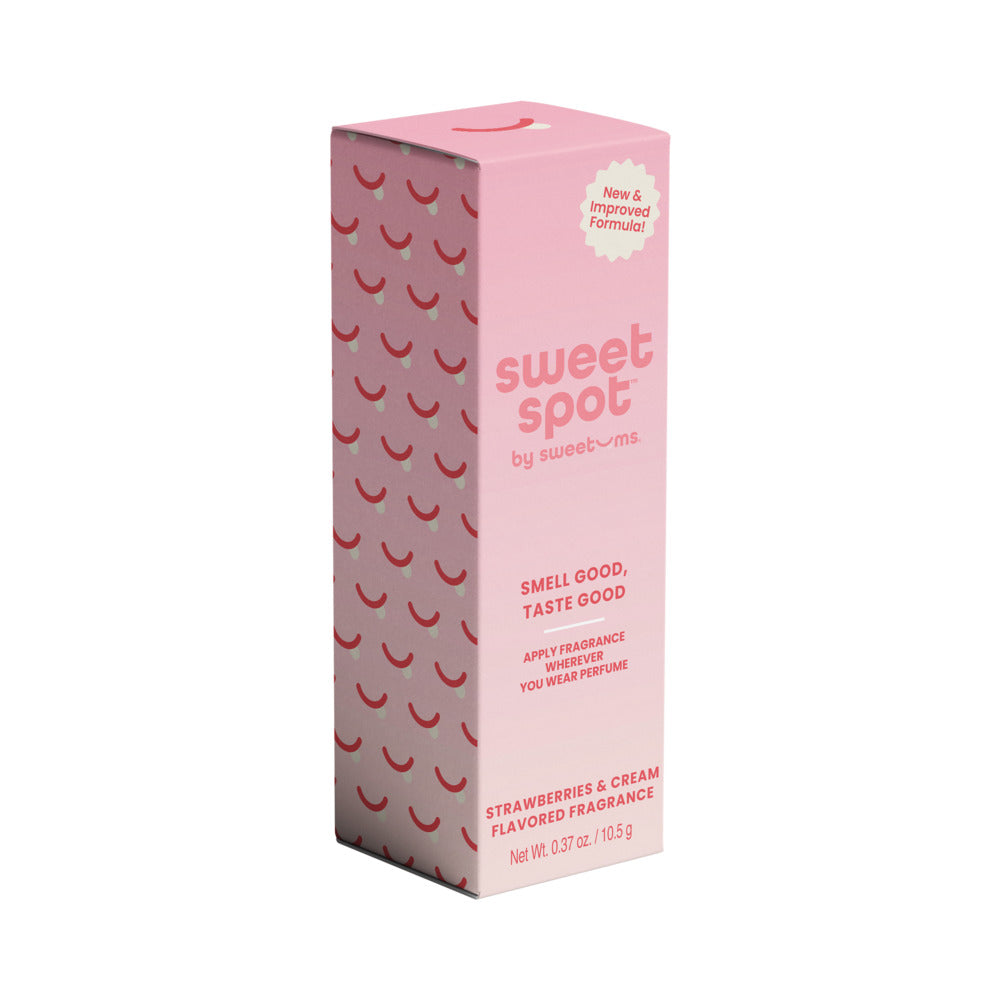 Sweetums Sweet Spot Flavored Fragrance Strawberries & Cream packaging with playful design and flavor details.