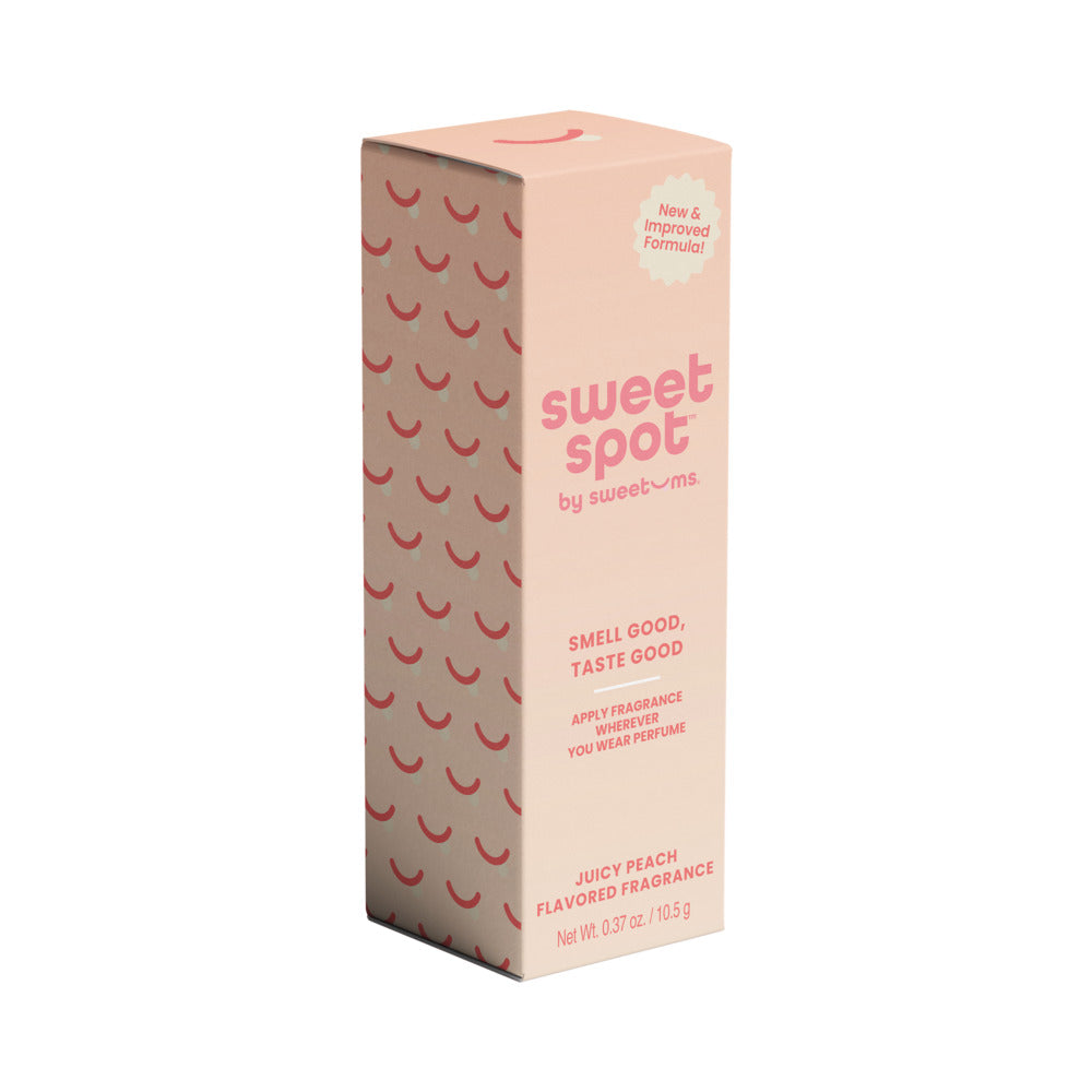 Sweetums Sweet Spot Flavored Fragrance Juicy Peach packaging showcasing its unique edible fragrance concept.