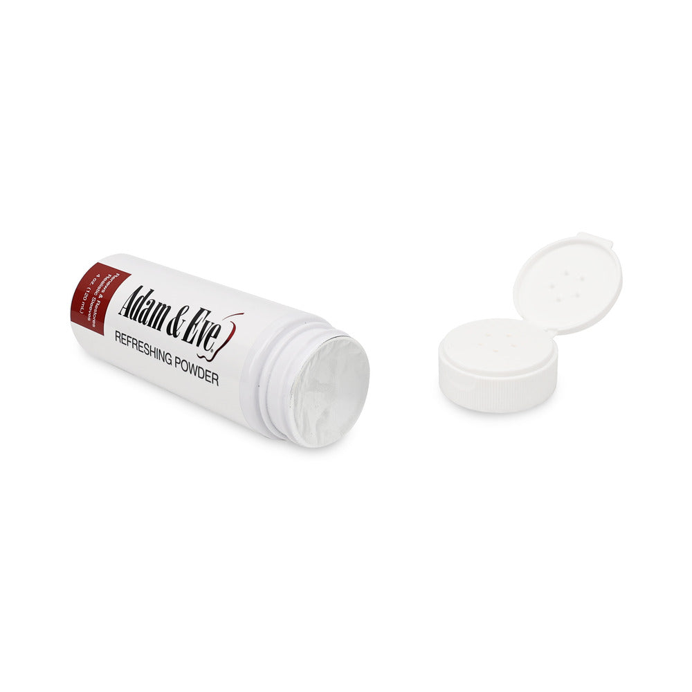 Adam & Eve Renewing Powder 4 Oz container open with cap showing, ideal for maintaining personal wellness products.