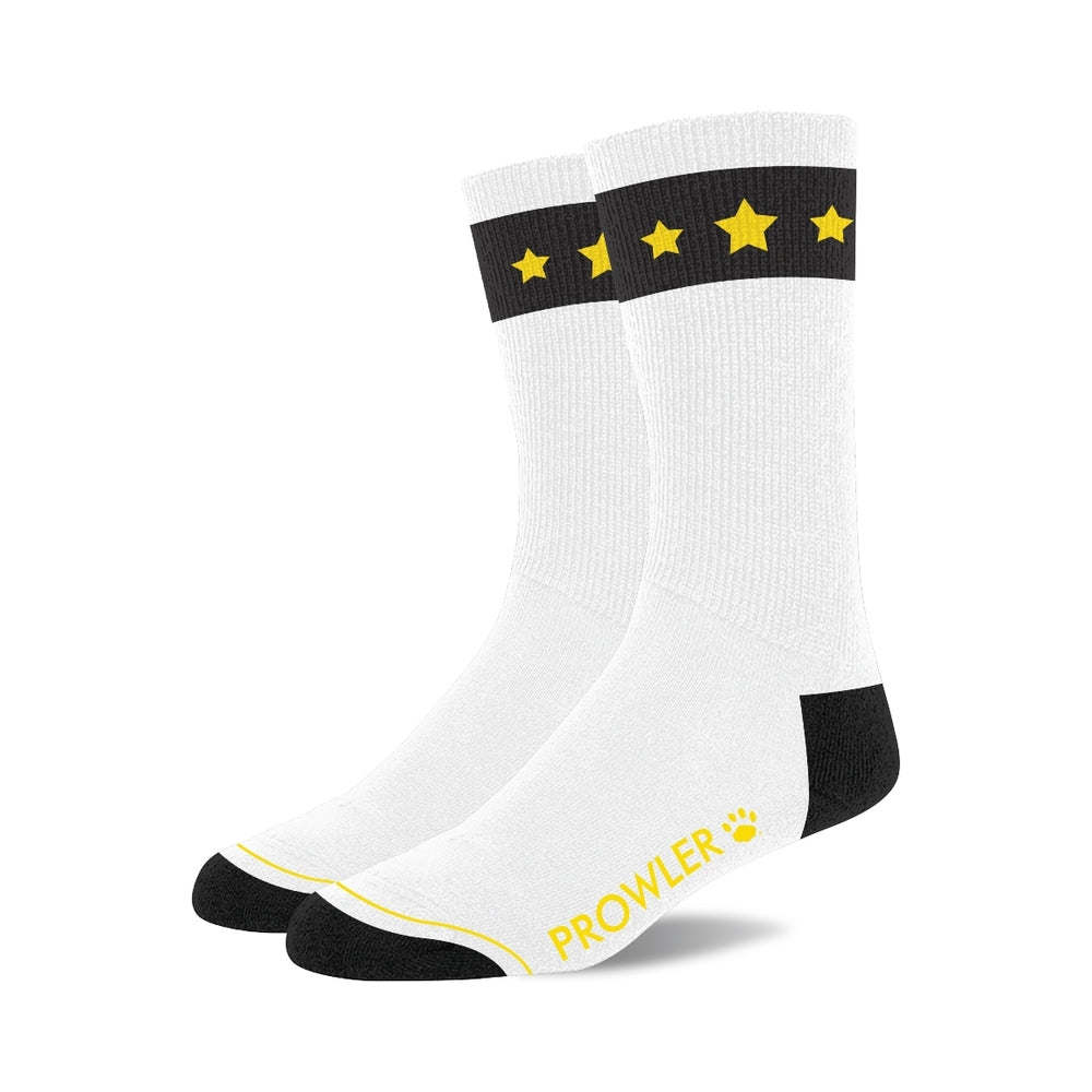 Prowler Gold Star Socks featuring black and yellow star design on white fabric for bold style and comfort.