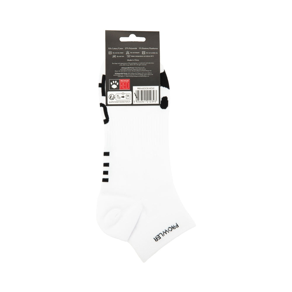 Prowler Red Ankle Sock Just A Hole shown in a playful white design with unique branding and stylish accents.