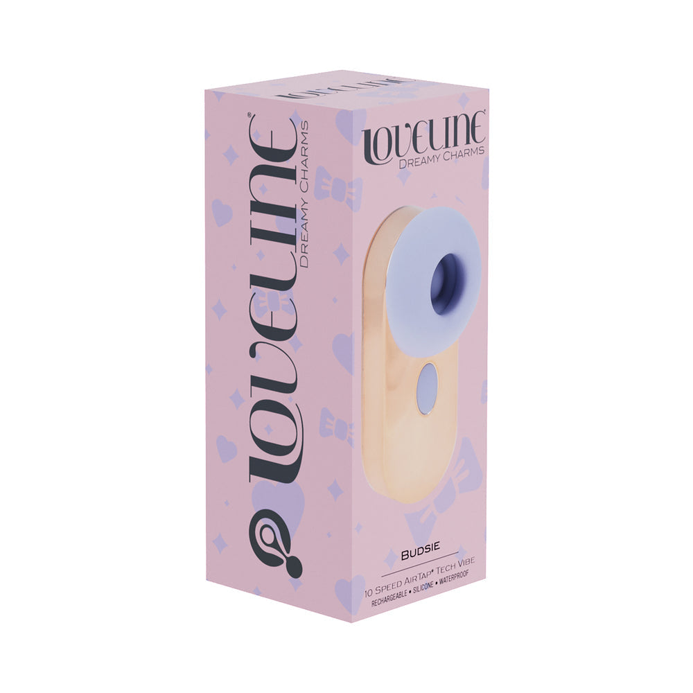 Loveline Budsie Airtaptech Rechargeable Vibrator Lavender packaging showcasing design and features.