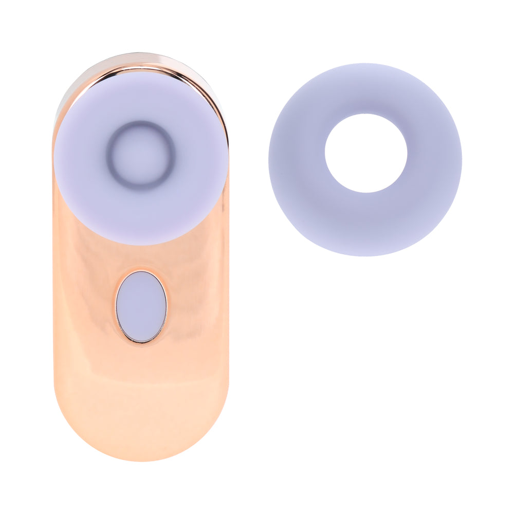 Loveline Budsie Airtaptech Rechargeable Vibrator Lavender with removable silicone head, gold and lavender design.