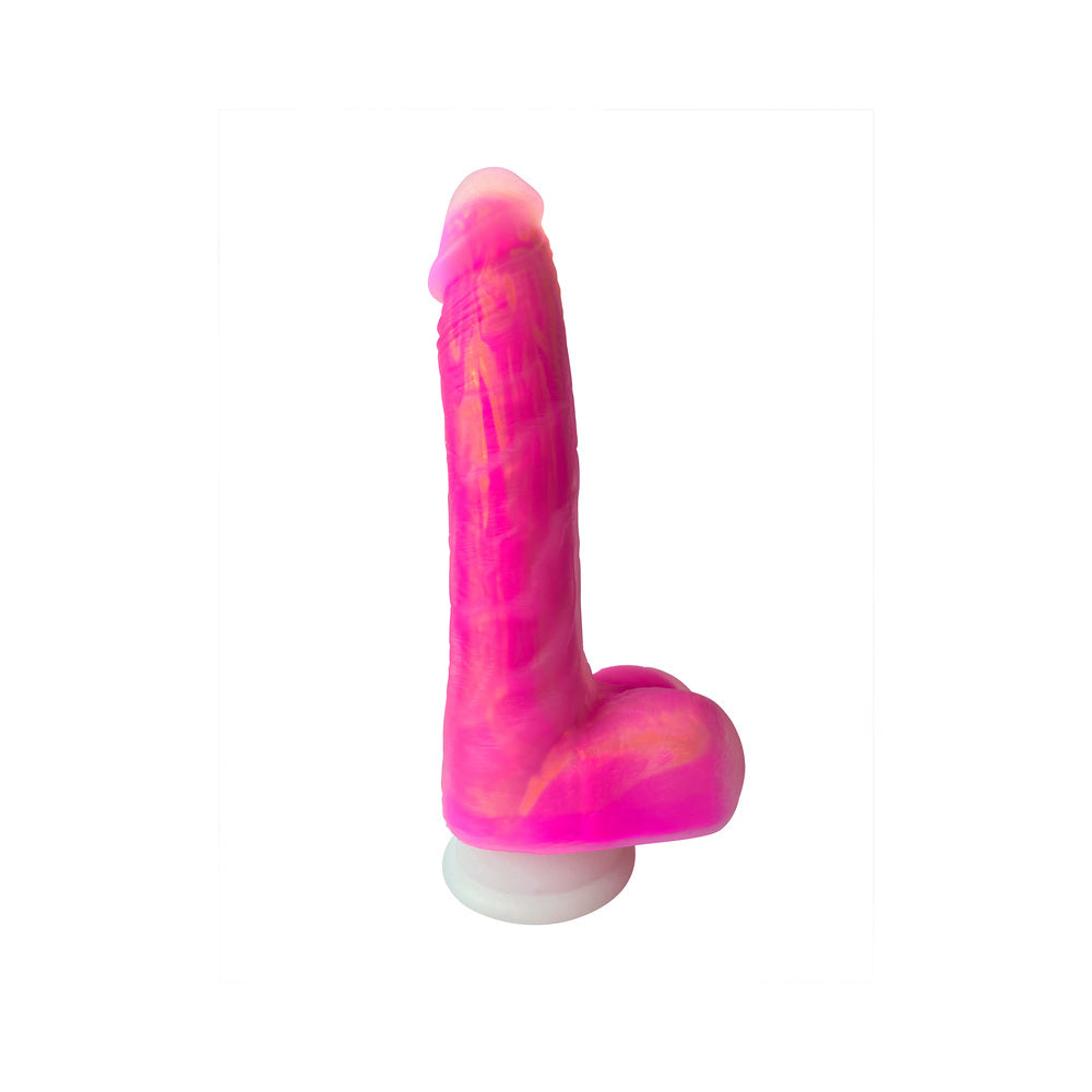 Adam & Eve The Squiggler Dual Density Gyrating Dildo in vibrant pink with realistic design and suction base.