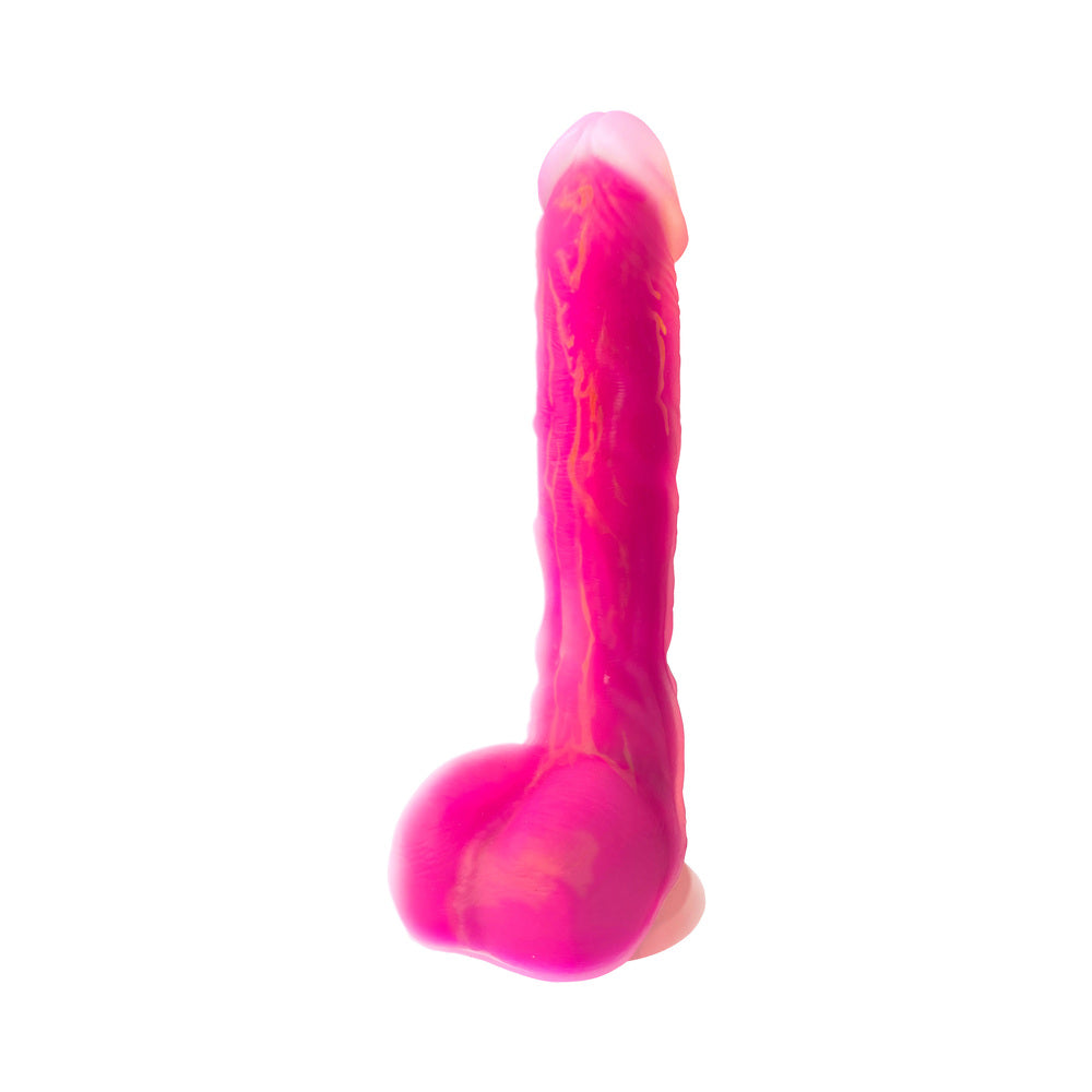 Adam & Eve The Squiggler Dual Density Gyrating Dildo in vibrant pink color, showcasing lifelike shape and texture.