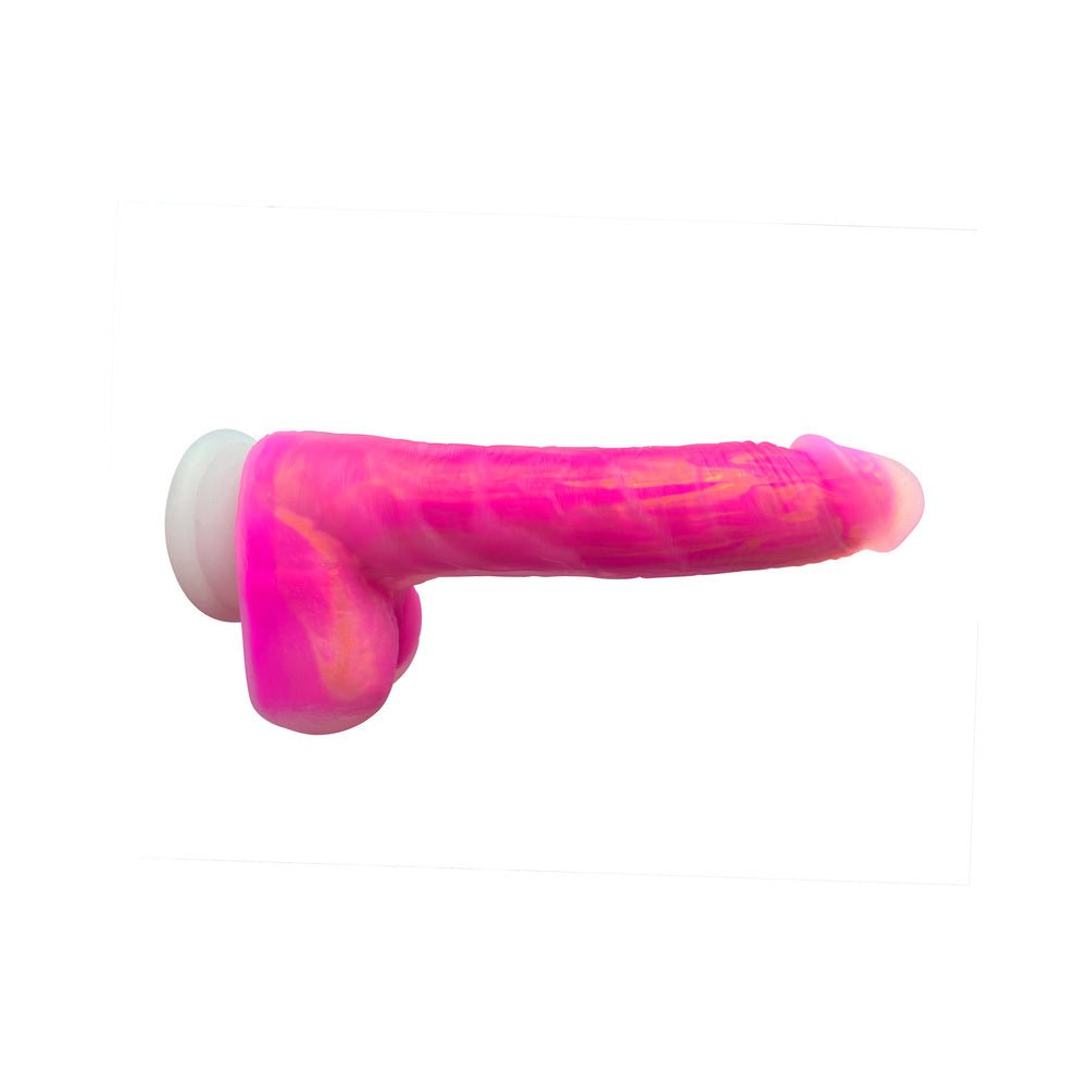 Adam & Eve The Squiggler Dual Density Gyrating Dildo in vibrant pink, showcasing its realistic design and features.
