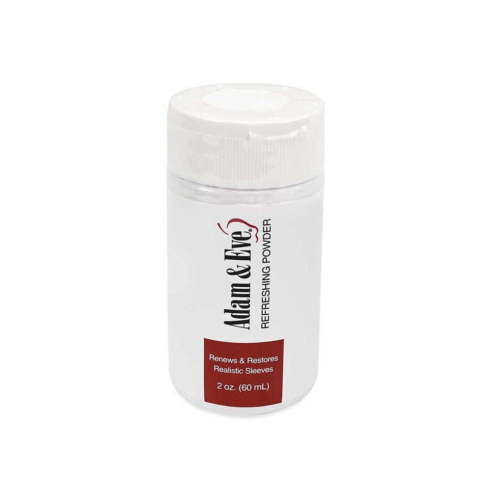 Adam & Eve Renewing Powder 2 Oz bottle for maintaining soft, realistic feel of personal wellness products.