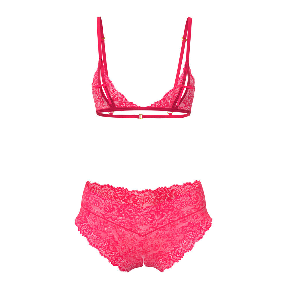 Magic Silk Get It Girl Peek-a-boo Bralette & Split Crotch Pink L XL lingerie set featuring lace bralette and boy short.