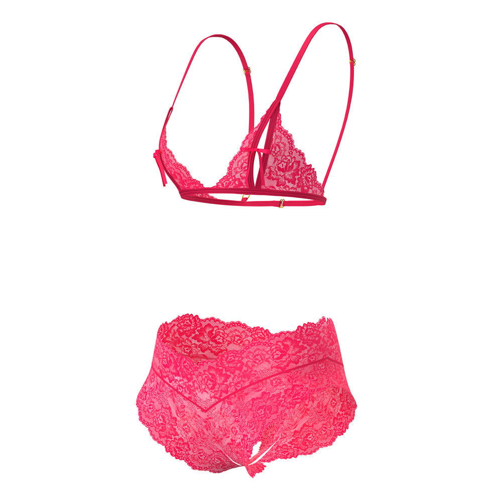 Magic Silk Get It Girl Peek-a-boo Bralette & Split Crotch Pink L XL lingerie set in pink lace design.