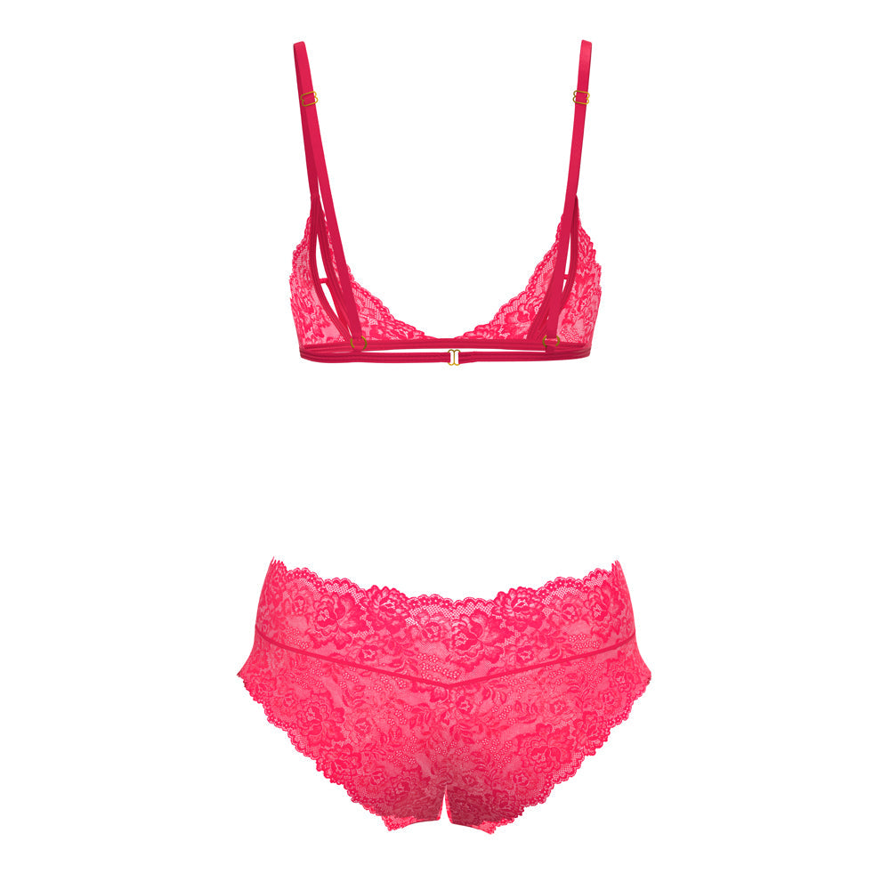 Magic Silk Get It Girl Peek-a-boo Bralette & Split Crotch Pink L XL lingerie set with pink lace details.