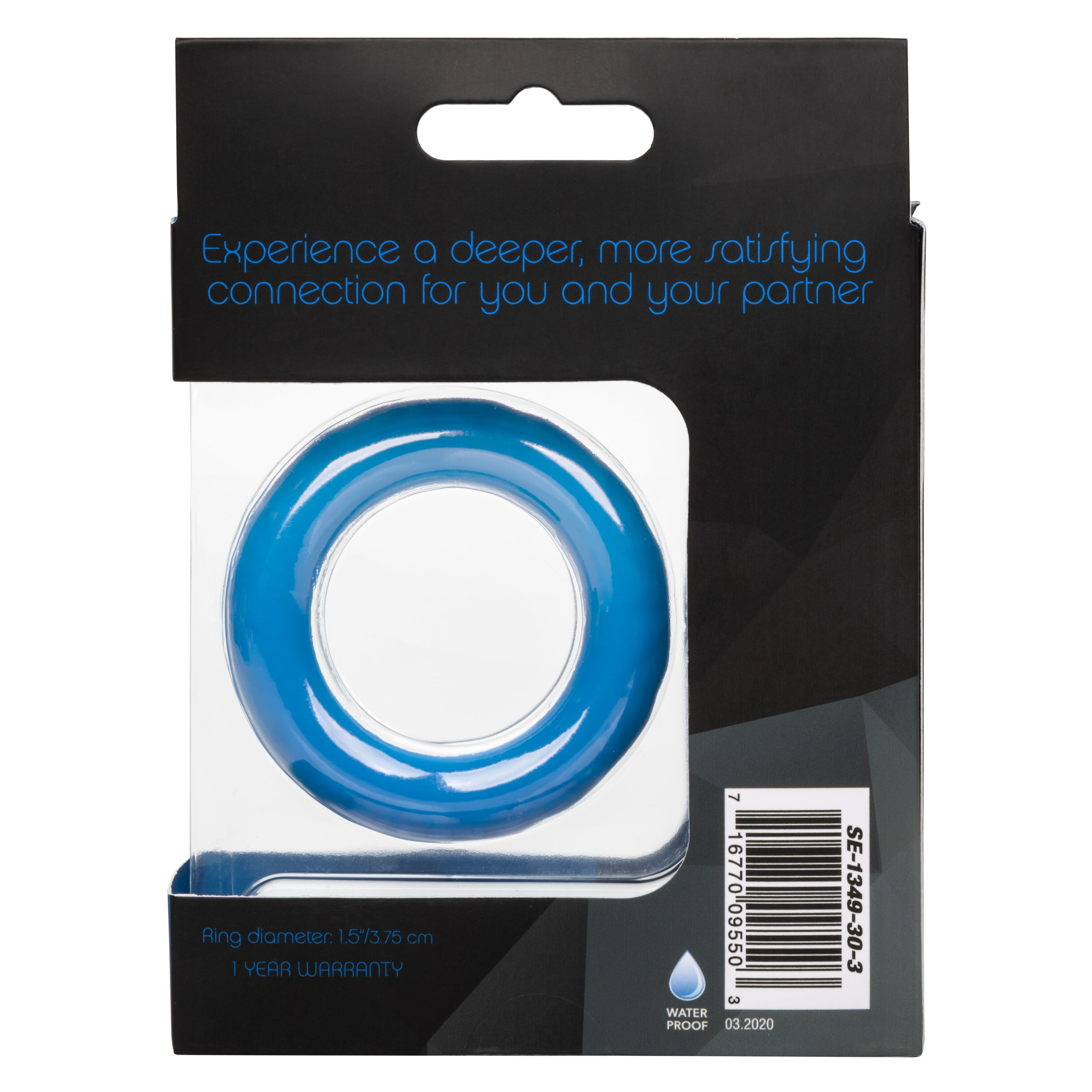 Link Up Ultra-Soft Max Silicone Cock Ring Blue in packaging showcasing its design and features.