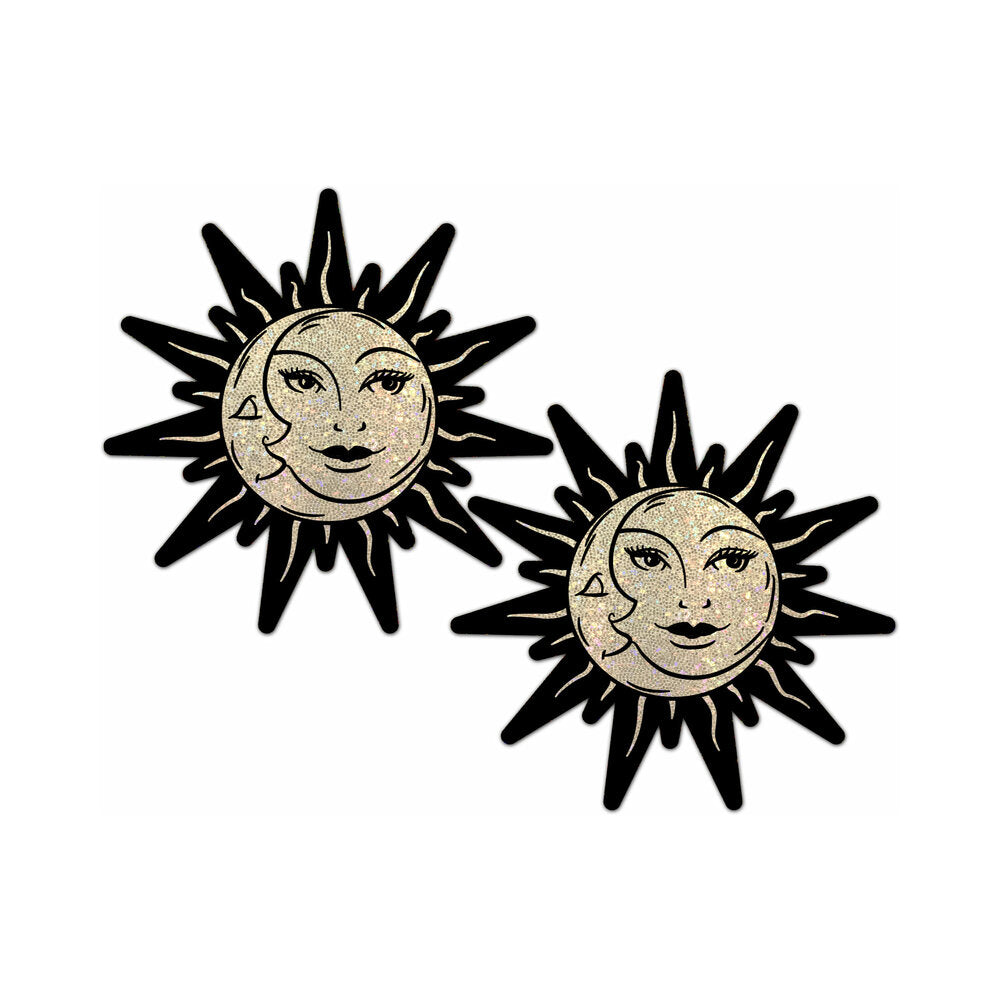 Pastease Sunburst Sun & Moon Faces Gold Glitter Pasties featuring radiant sun and moon designs with glitter.