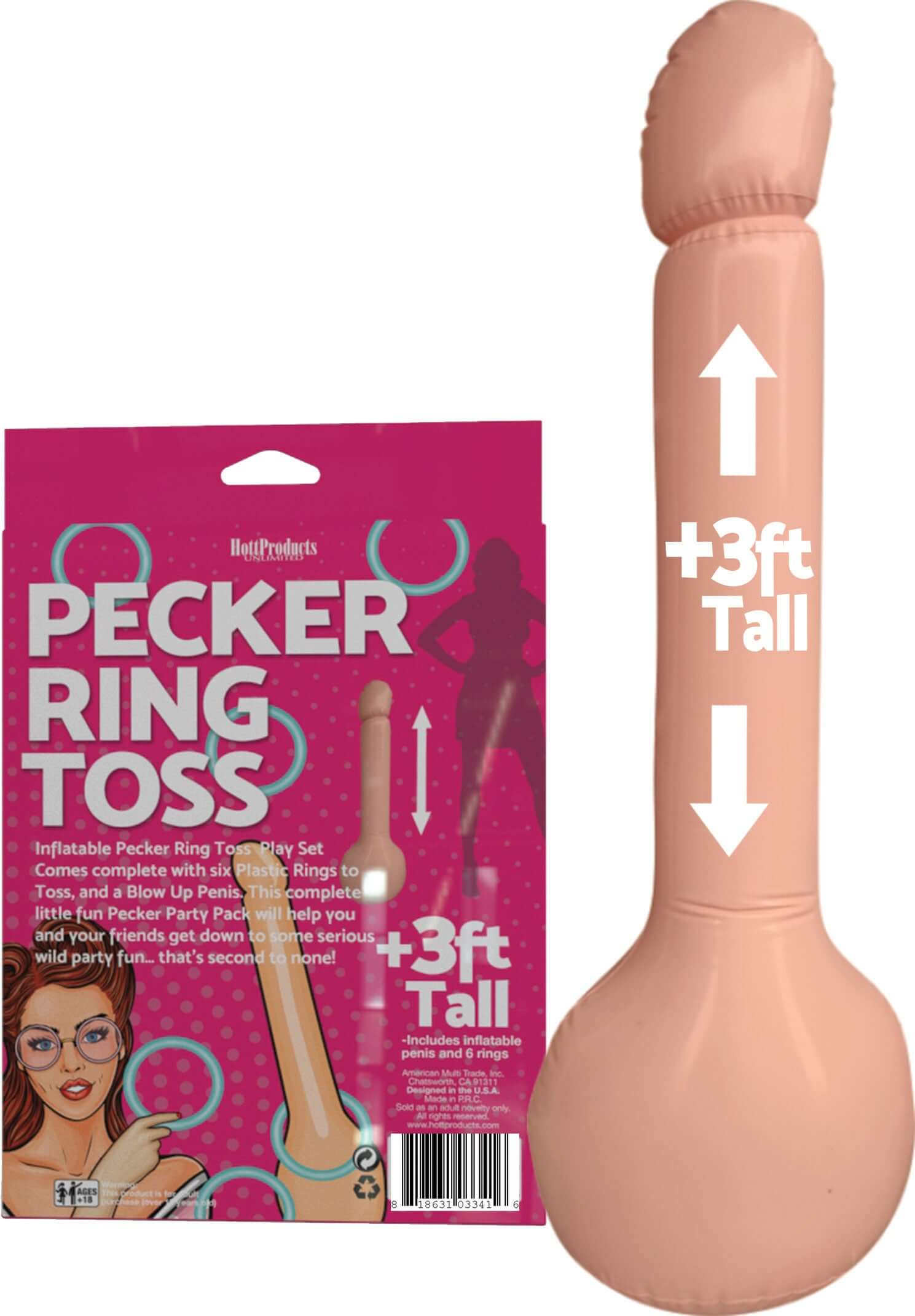 Inflatable Pecker Ring Toss Play Set with pink pecker figure and packaging for adult party games.