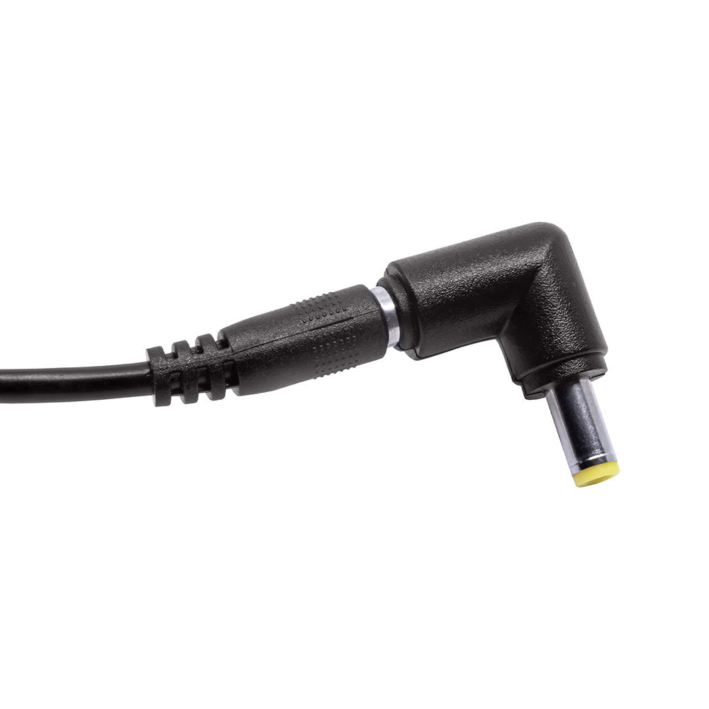 Close-up of a right-angle power connector cable designed for compatibility with various electronic devices.