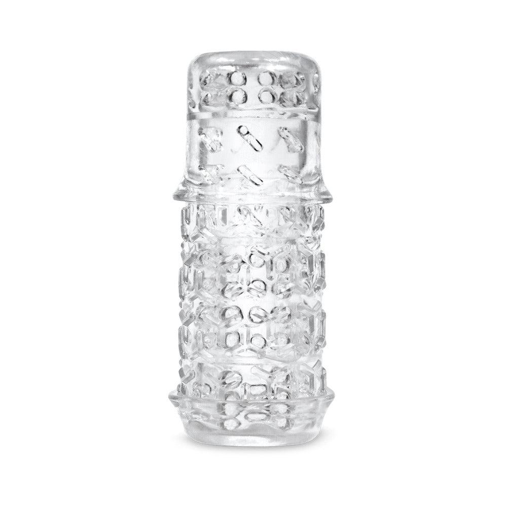 The Handy TrueGrip Gen 2 Masturbator Sleeve Clear showcasing its textured design for enhanced sensations.