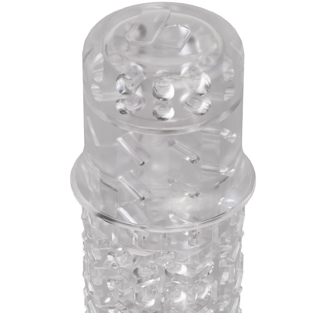 The Handy TrueGrip Gen 2 Masturbator Sleeve Clear showcasing its textured surface and extended length design.