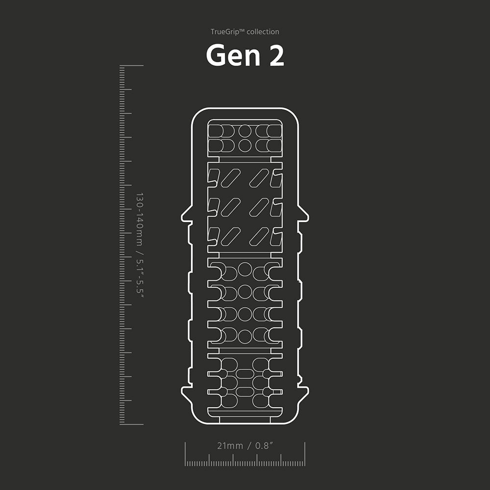 The Handy TrueGrip Gen 2 Masturbator Sleeve Clear design illustration showing measurements and texture details.
