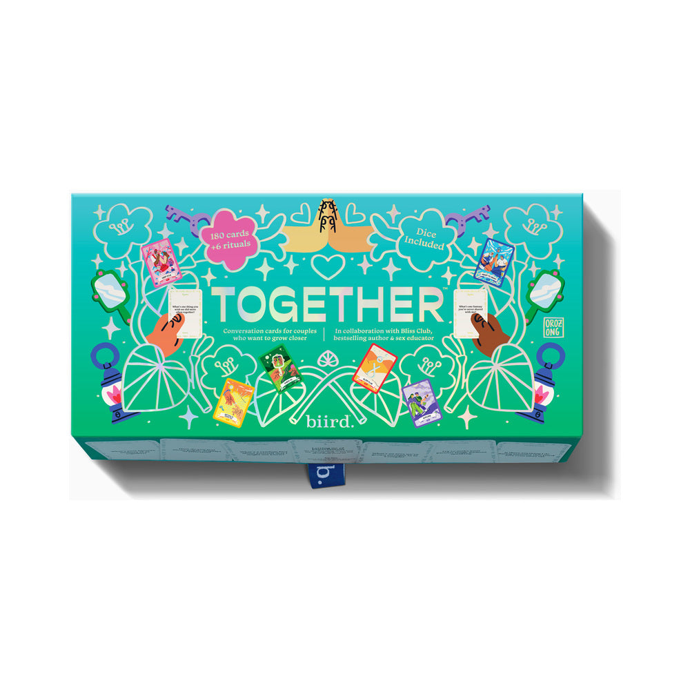 Biird X Jouissance Club Together Couples Card Game package featuring 180 cards and dice for deepening connections.