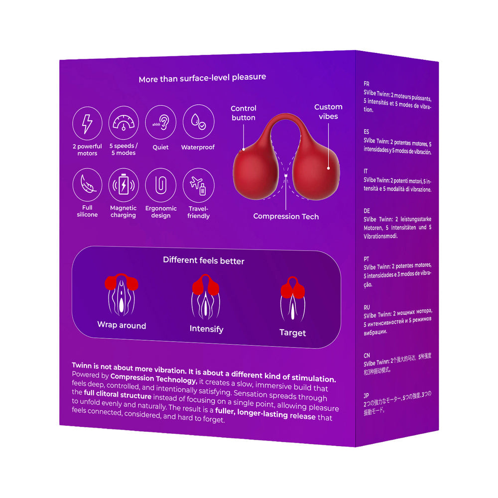 Svibe Snail Twinn Clit Hugging Finger Vibrator Cherry packaging showcasing features and Compression Technology.