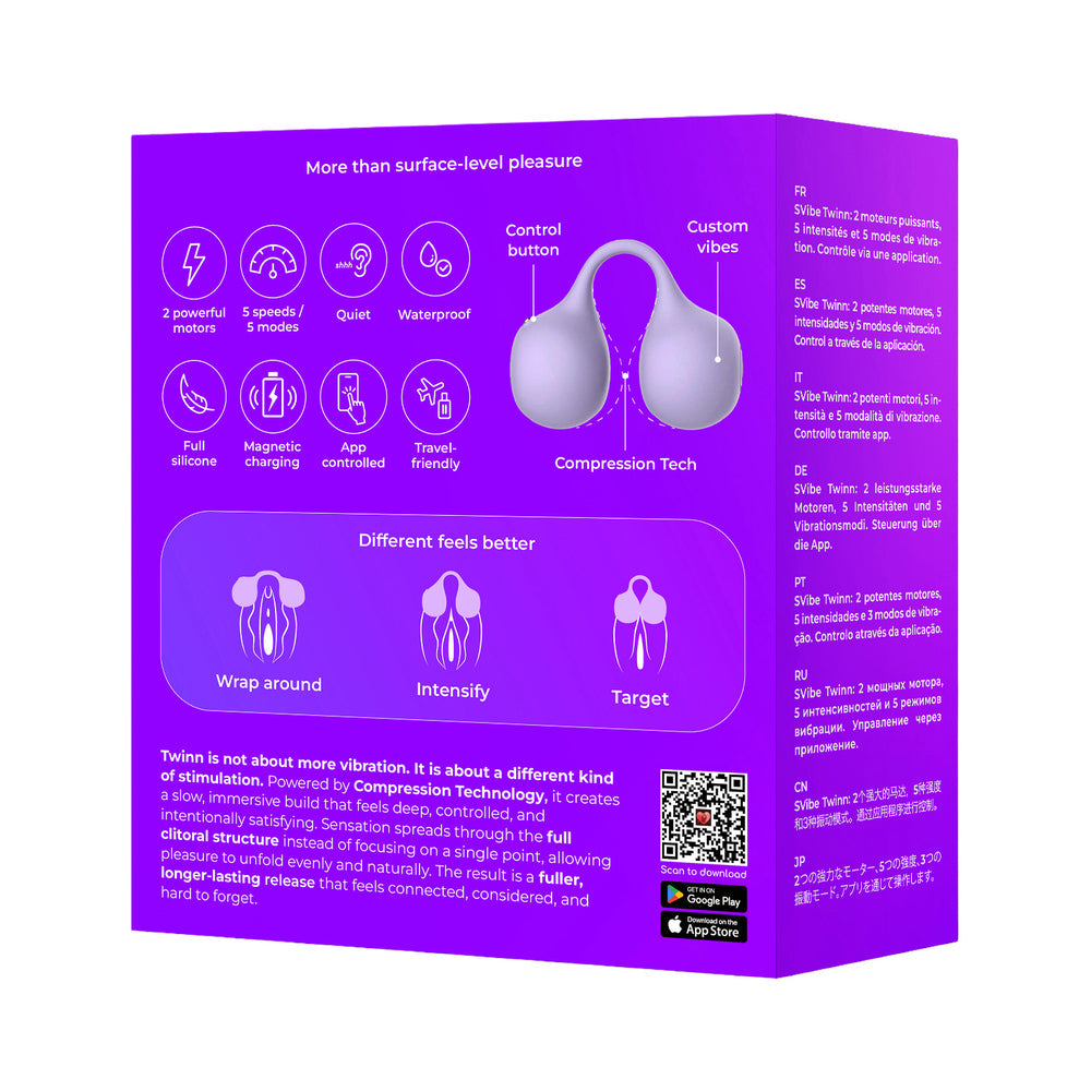 Svibe Snail Twinn Finger Vibrator Lilac app-enabled packaging showcasing features and app compatibility.