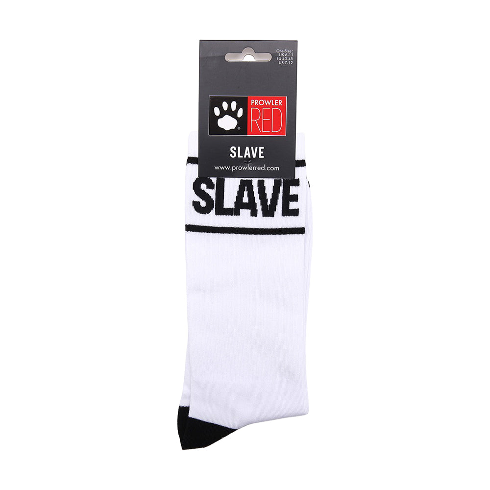 Prowler Red Slave Socks displayed in packaging, featuring bold 'SLAVE' text on a white background.