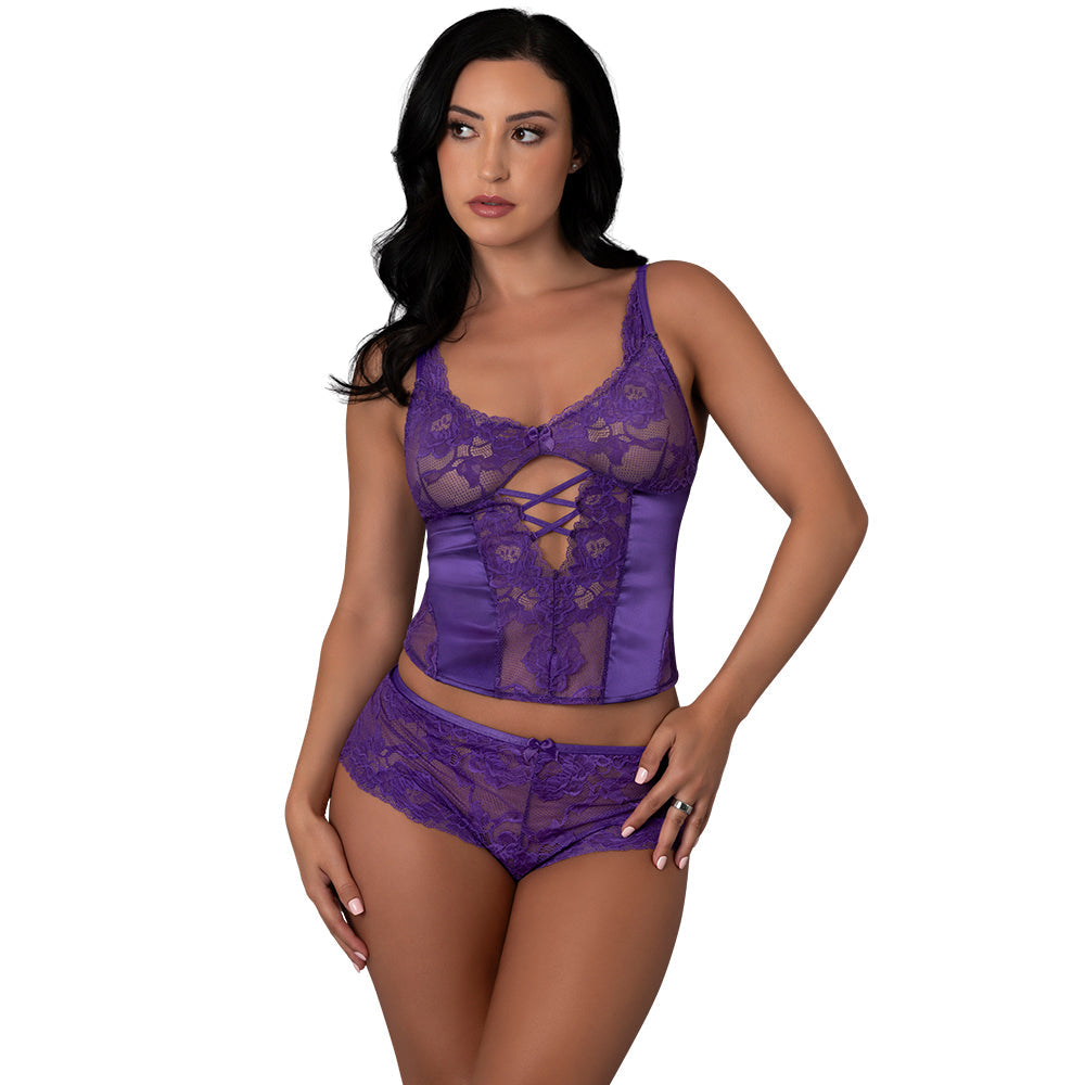 Magic Silk Satin Petals Bustier & Boy Short Set Purple L XL featuring luxurious satin and lace design.