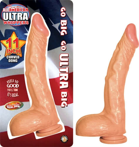All American Ultra Whoppers 11-Inch Curved Dong Flesh displayed against a flag background, showcasing realistic design and size.