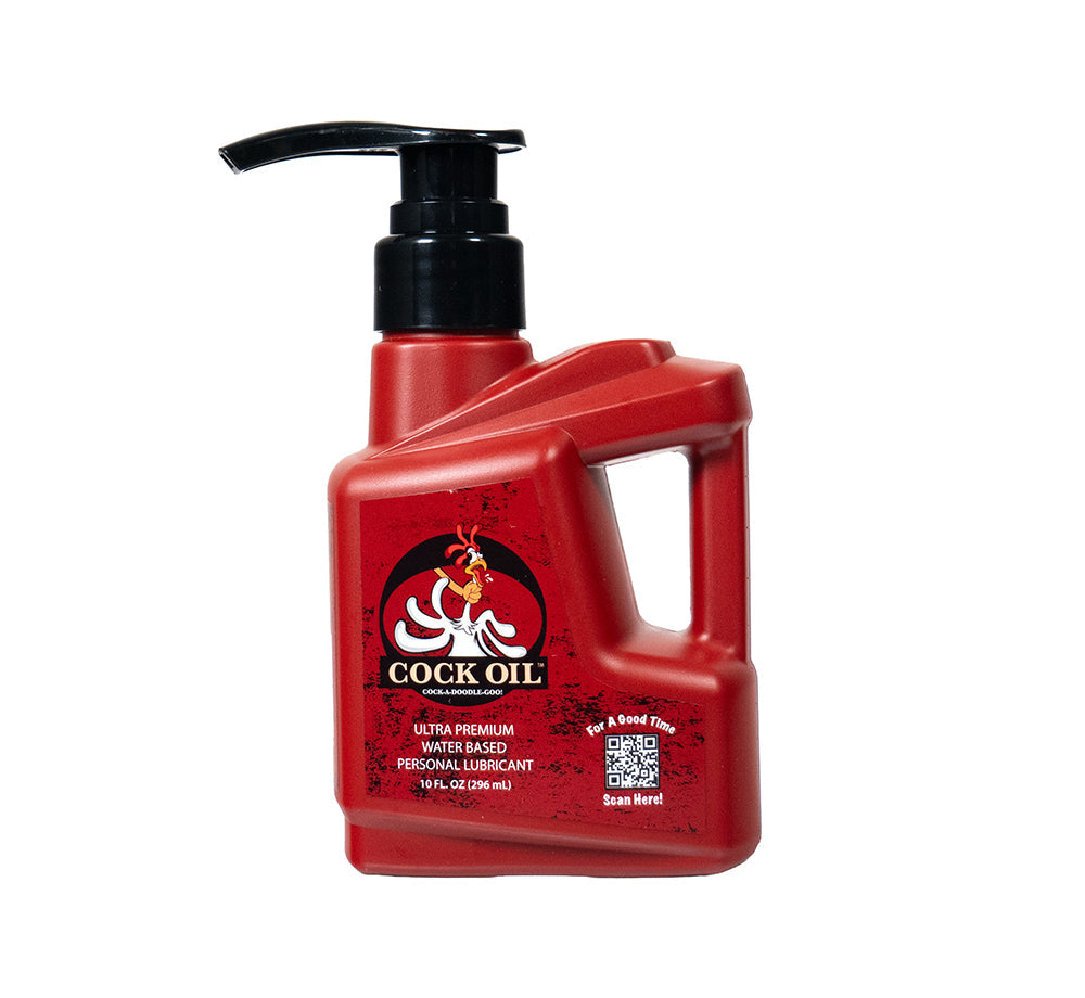 Cock Oil Water-based Lubricant Pump Bottle 10 Oz with a red container and pump for easy application.