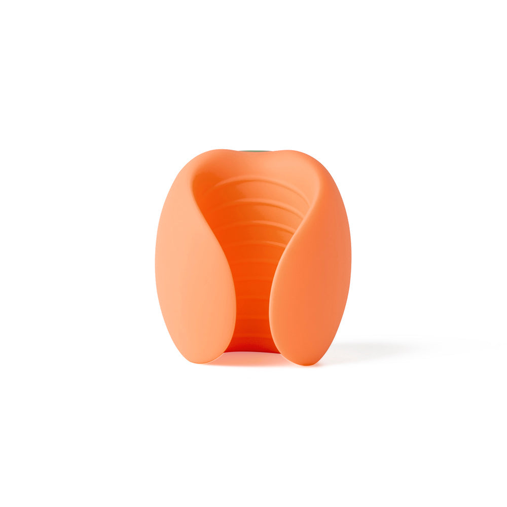 Emojibator Peach Vibrating Stroker shown in a soft orange design with textured sleeve for enhanced pleasure.