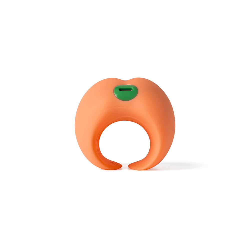 Emojibator Peach Vibrating Stroker in a playful peach shape with a green button for customizable stimulation.