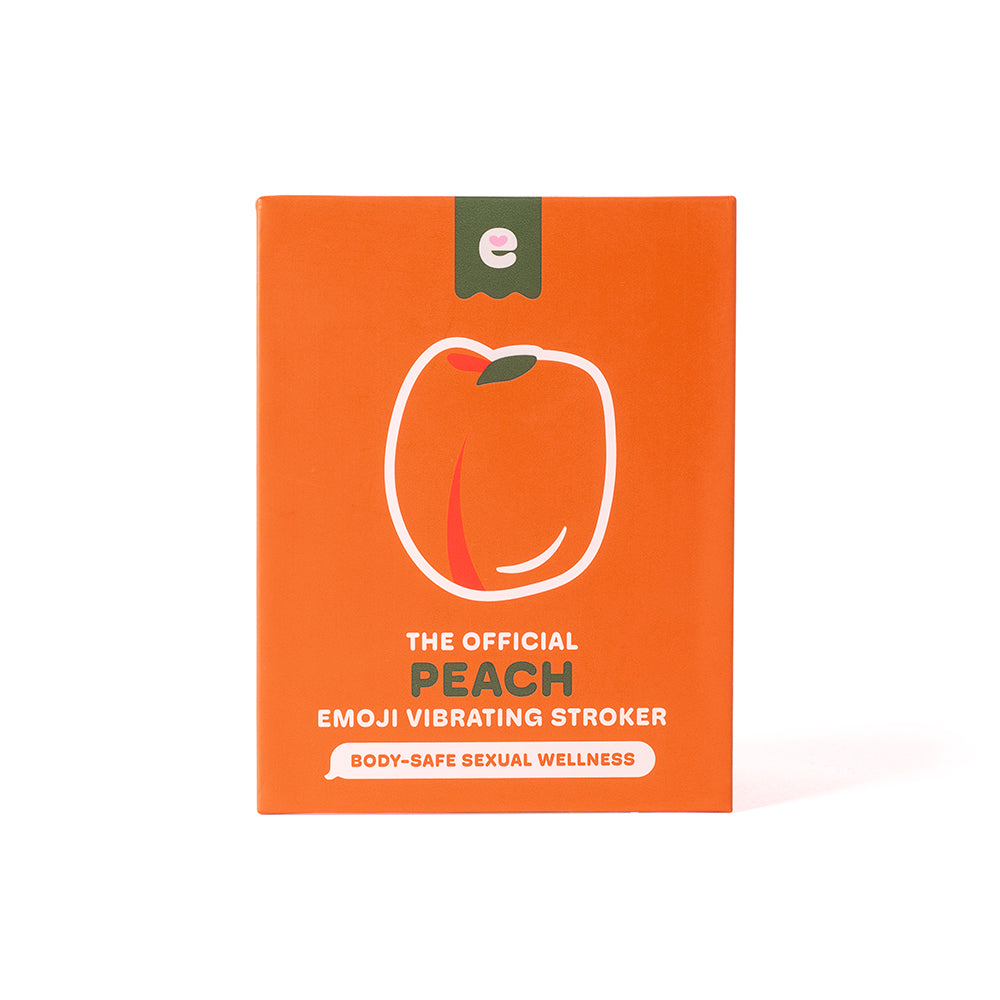 Emojibator Peach Vibrating Stroker packaging showcasing a peach design for body-safe sexual wellness.