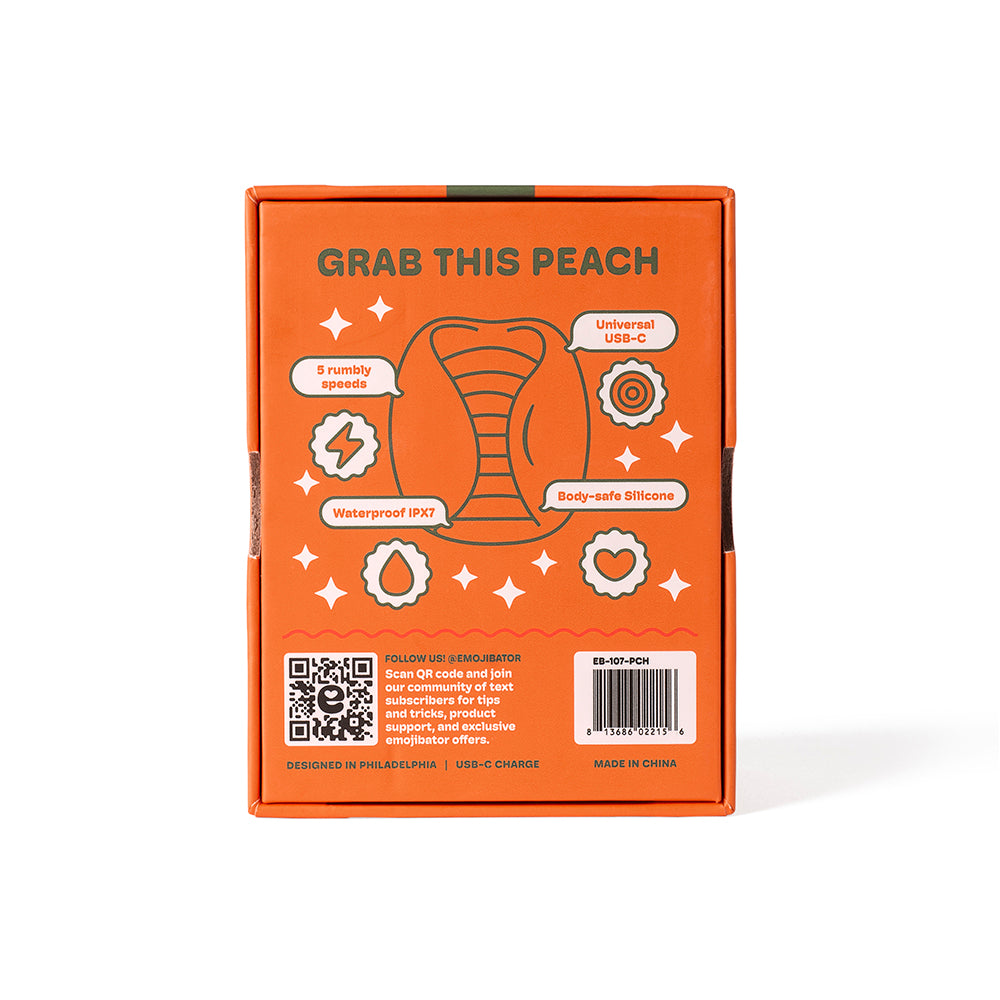 Emojibator Peach Vibrating Stroker packaging with features like waterproof, USB-C, and 5 vibration speeds.