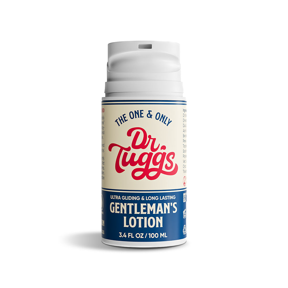 Dr Tuggs Gentleman's Masturbation Lotion 3.4 Oz bottle showcasing ultra gliding and long-lasting formula.