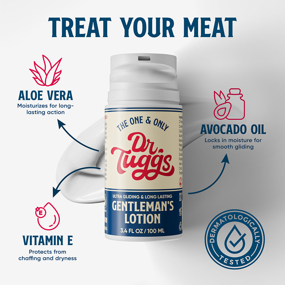 Dr Tuggs Gentleman's Masturbation Lotion 3.4 Oz bottle with aloe vera, avocado oil, and vitamin E benefits.