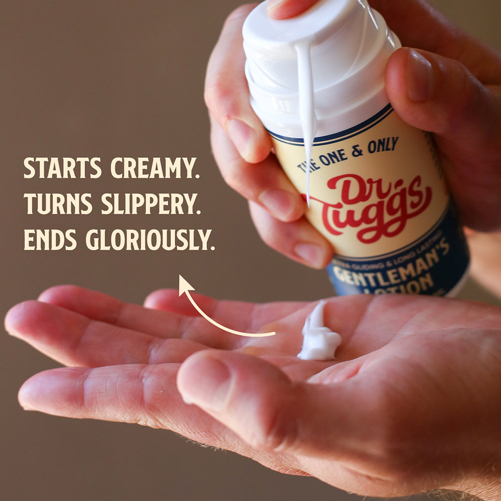 Dr Tuggs Gentleman's Masturbation Lotion 3.4 Oz being applied to a hand, showcasing the creamy texture.
