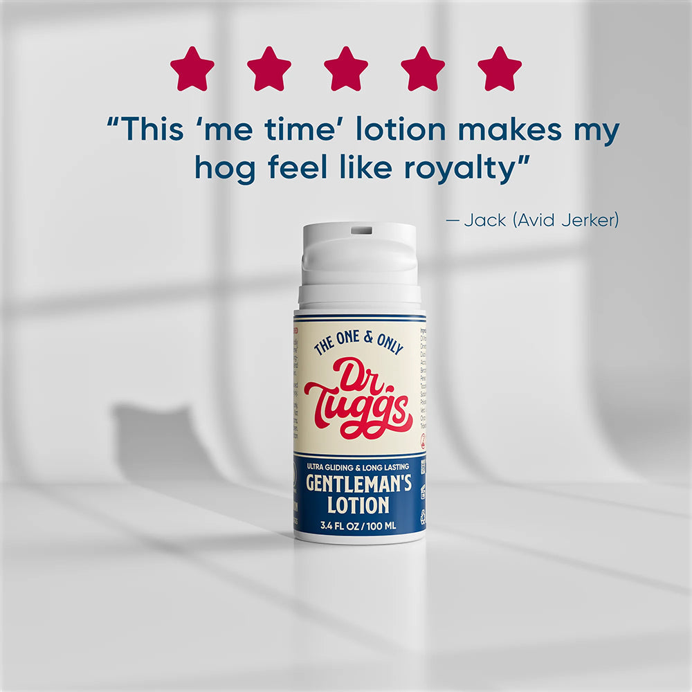 Dr Tuggs Gentleman's Masturbation Lotion 3.4 Oz with quote about its luxurious feel.